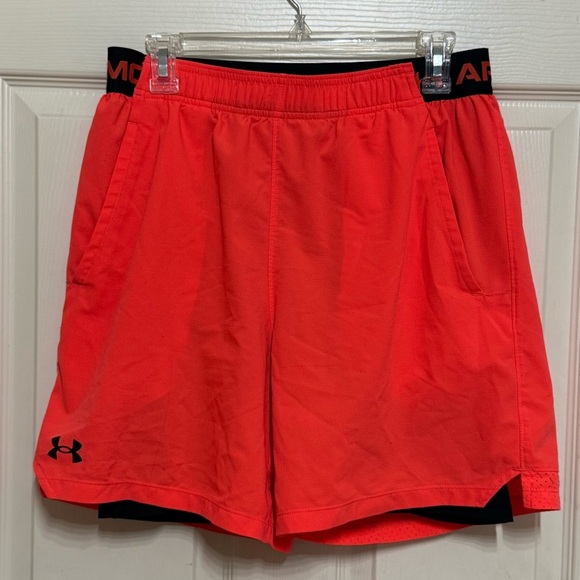 Under Armour Orange Athletic Shorts with biker shorts underneath (men’s large) - Picture 1 of 5